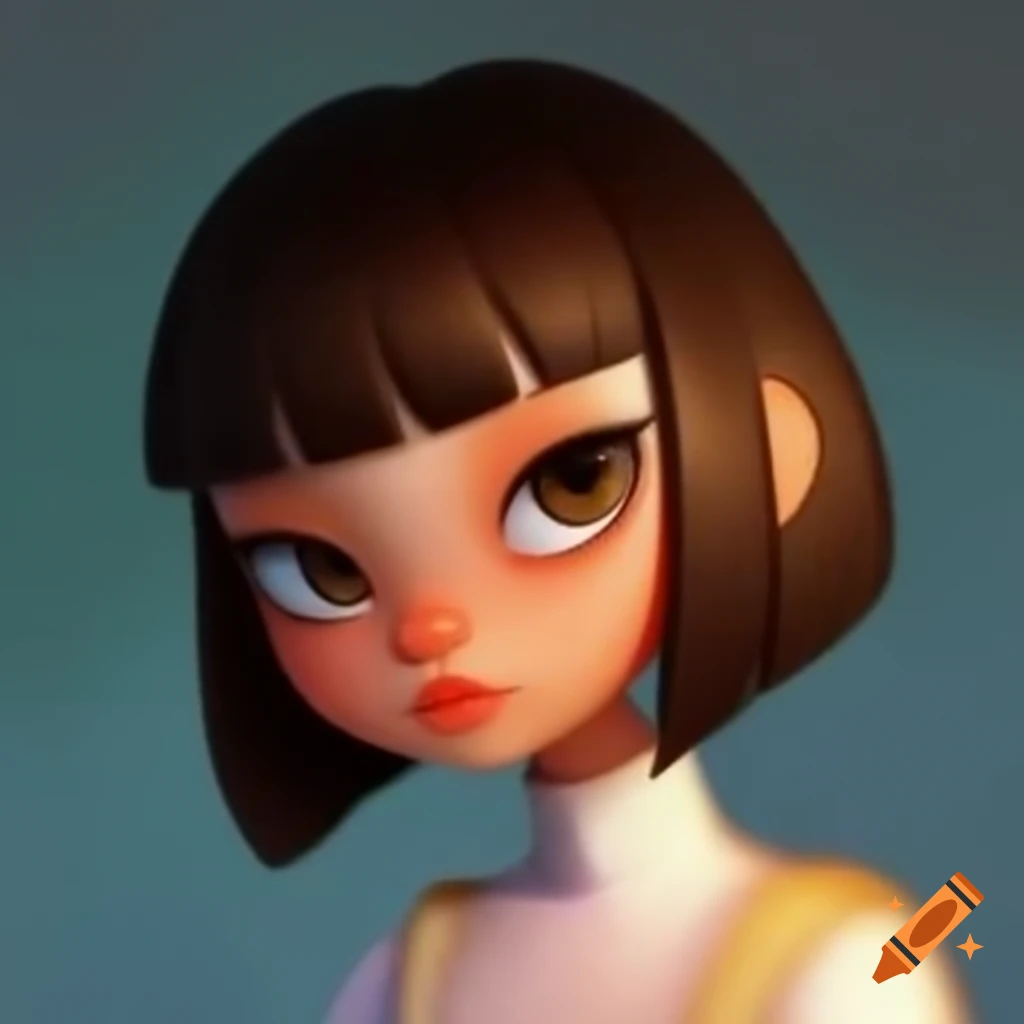 Stylized girl with brown skin, short hair and ponytail, featuring distinct facial details