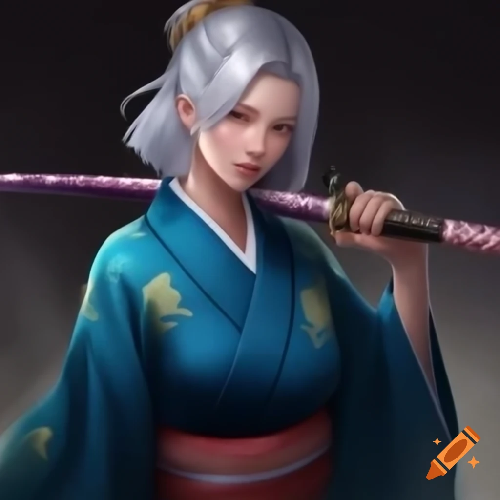 Samurai woman in cyan kimono with two katanas and silver hair