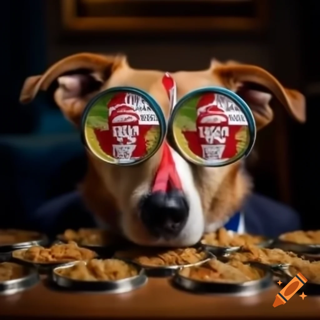 Cans of dog food featuring Donald Trump's face in an advertising scene