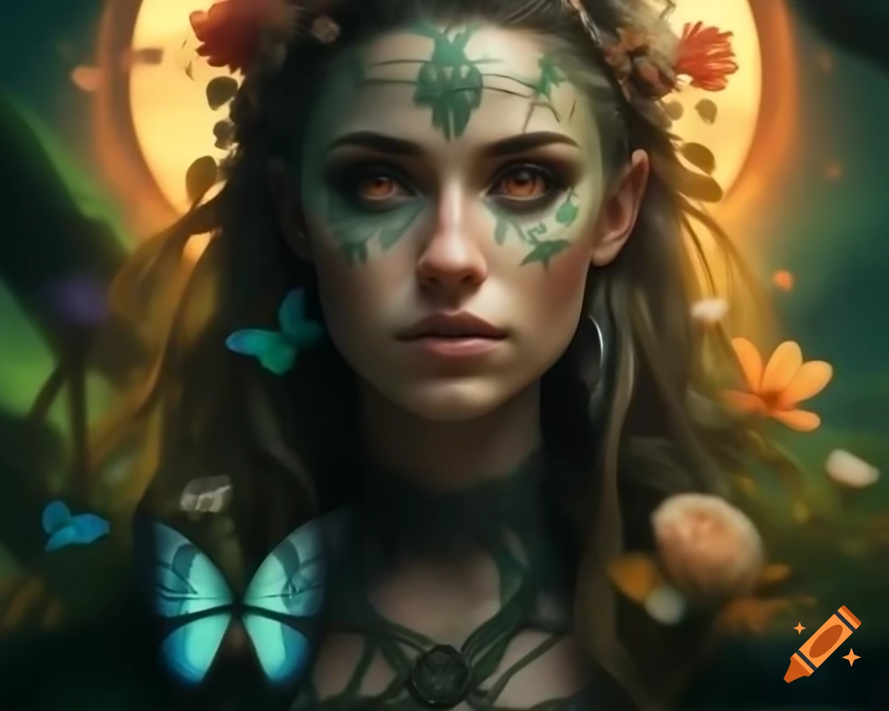 Hyperrealistic render of mystical Norse Celtic woman adorned with flowers and butterflies