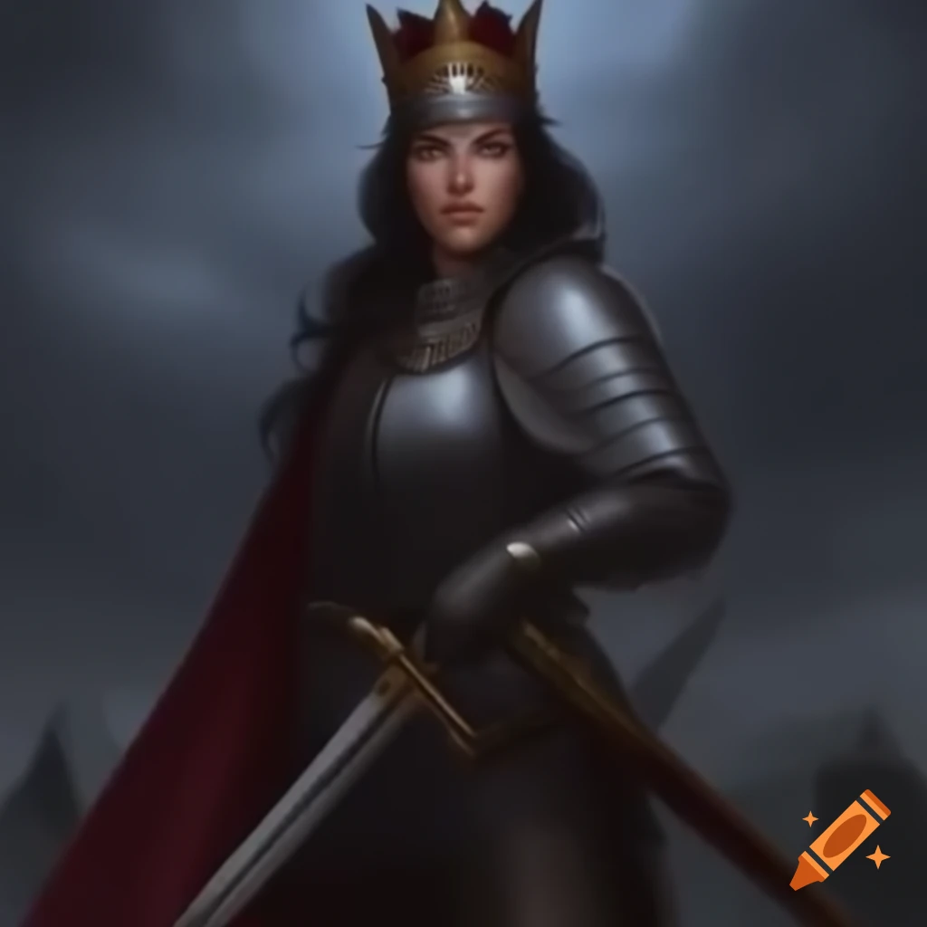 Queen with sword and shield standing guard beside the king
