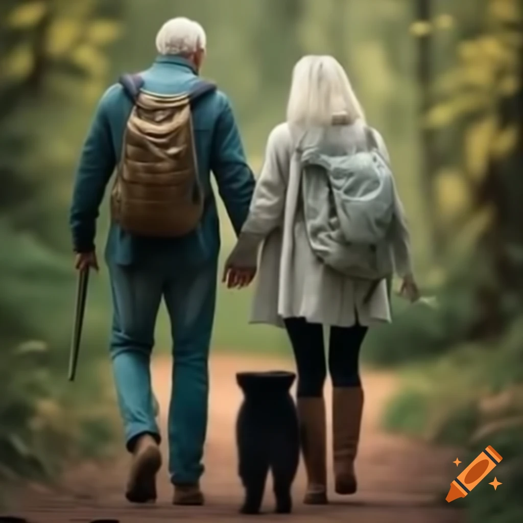 Satirical photo of an odd couple hiking, featuring an elderly presidential candidate and a young reporter