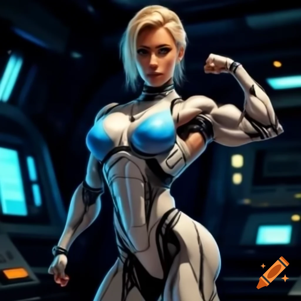 Female cyborg bodybuilder in blue posing suit inside spaceship