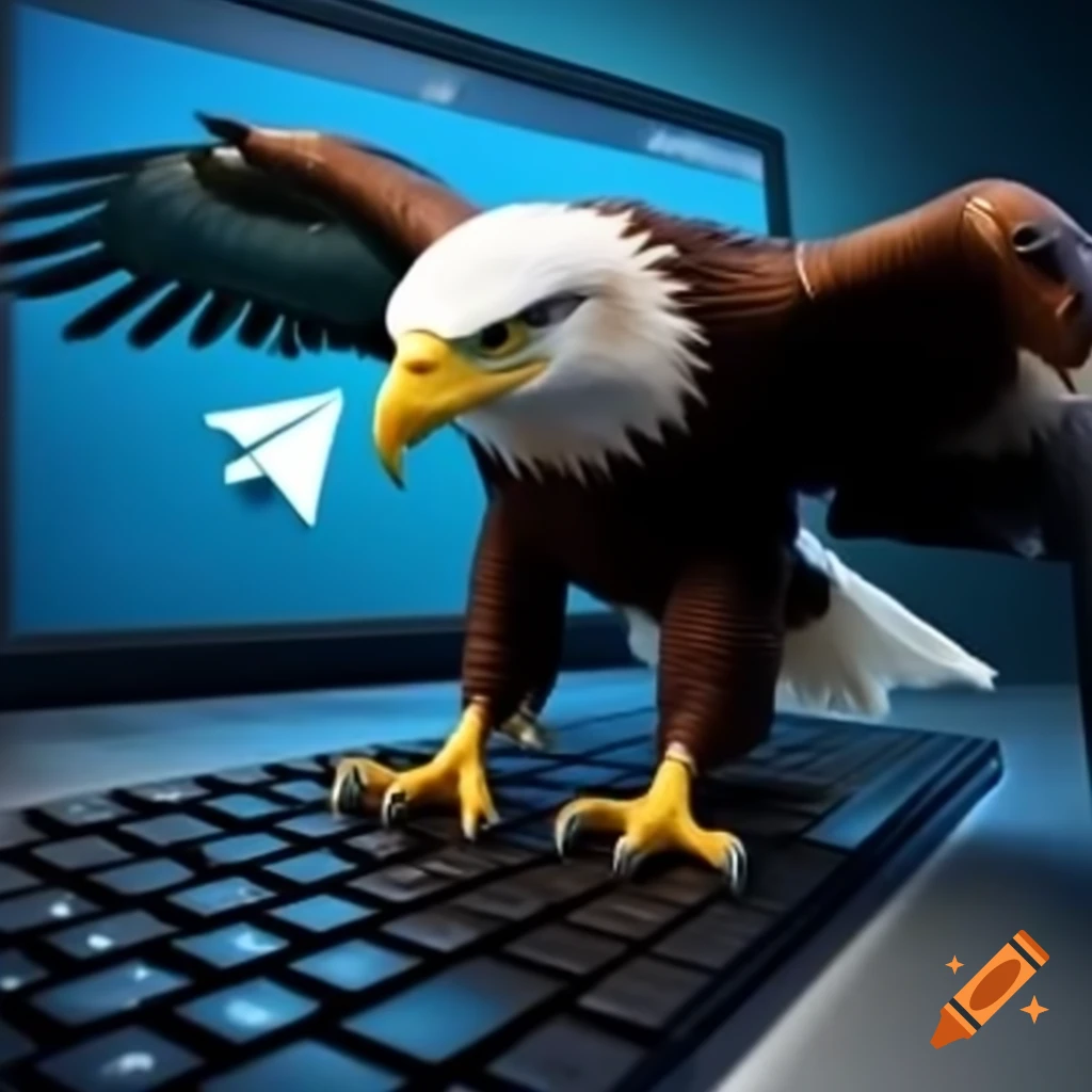 Eagle standing on computer keyboard with Telegram symbol monitor in background
