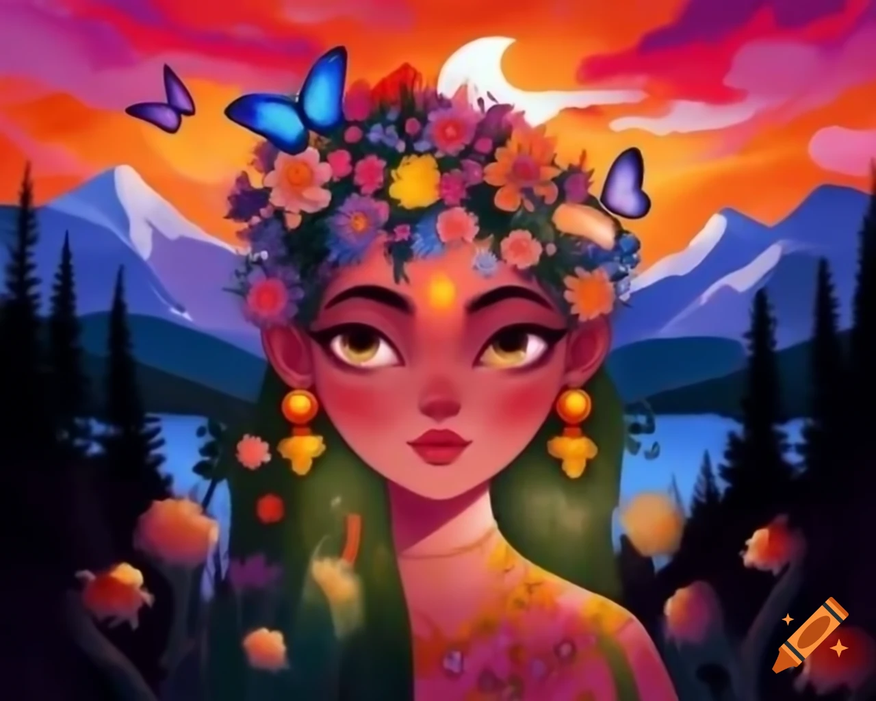 Enchanting colorful-haired woman with wildflowers and butterflies in hair during stunning sunset