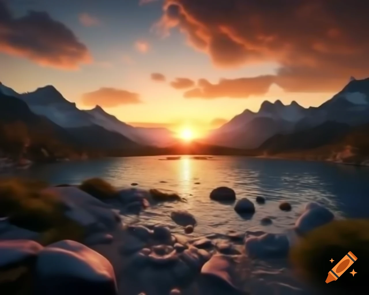 Photorealistic 3D render of mountain lake at sunset with island background
