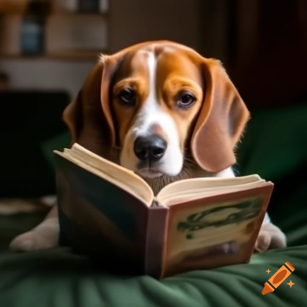 Beagle reading a book