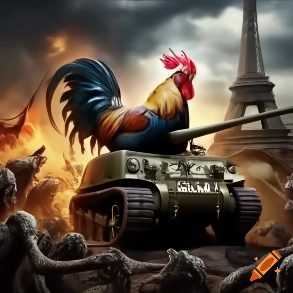 Rooster on Sherman tank defending against zombies with Eiffel Tower in background