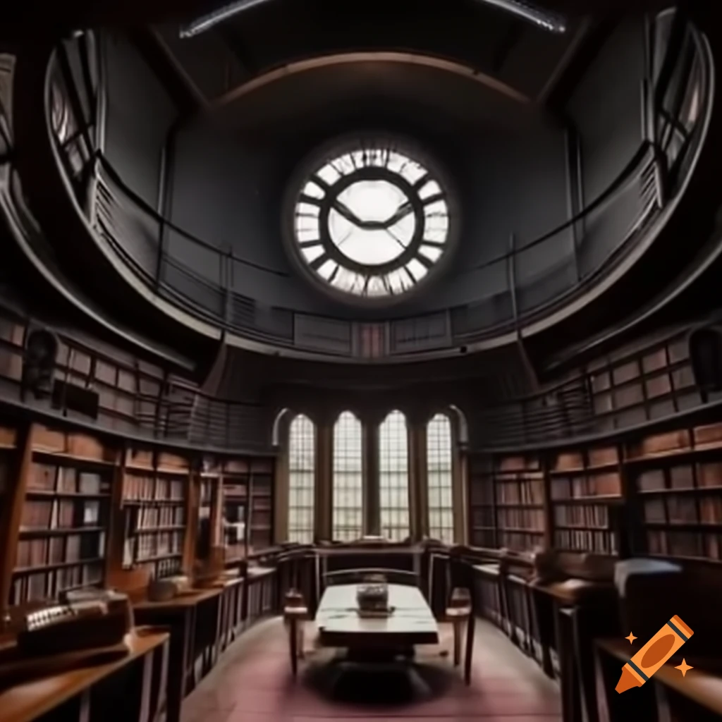 Victorian-style library inside Nautilus submarine with large round observational window