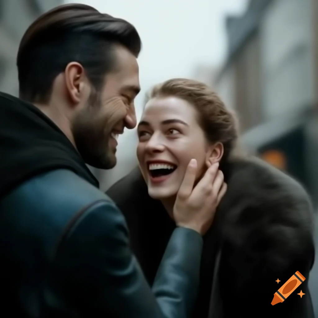 Close-up of young woman laughing with male friend on the streets