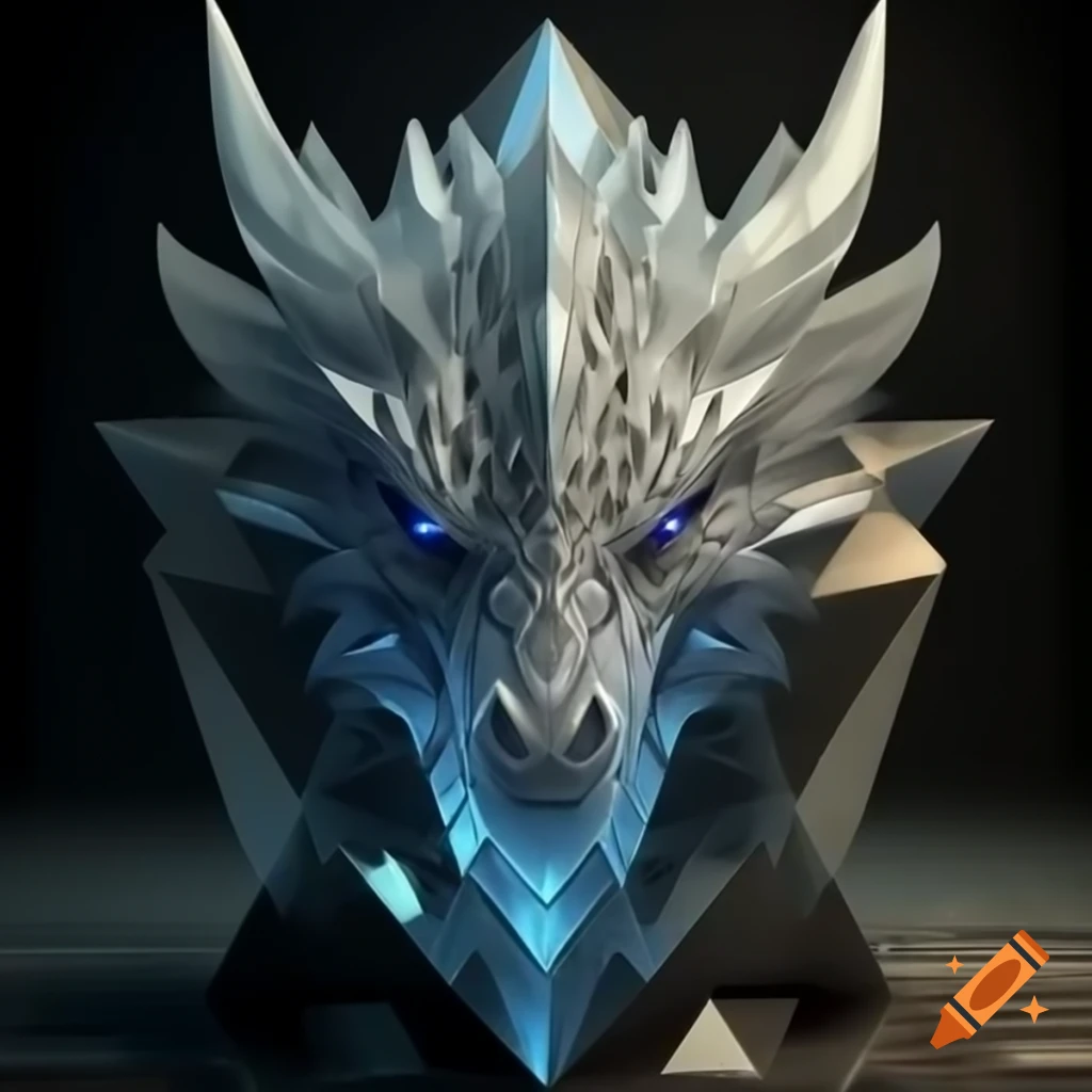 Crystalline dragon head with geometric lines in close-up studio setting