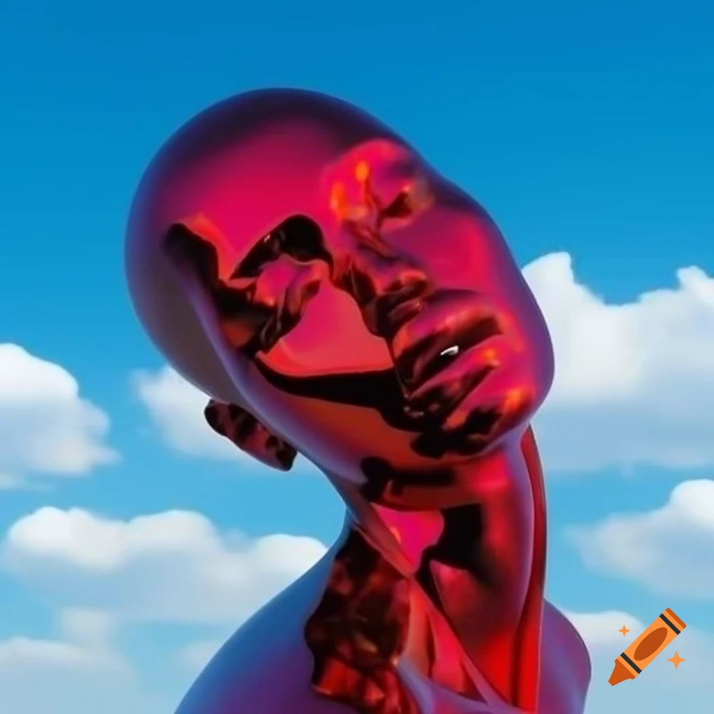 Pop surrealist photography featuring red iridescent glass statue against bright sky