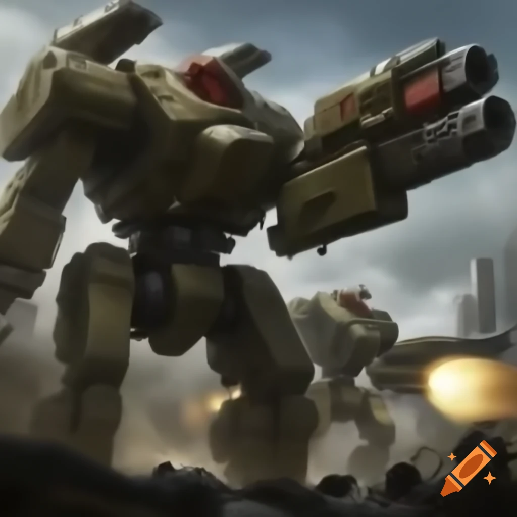 Two giant mechas engaged in battle with guns