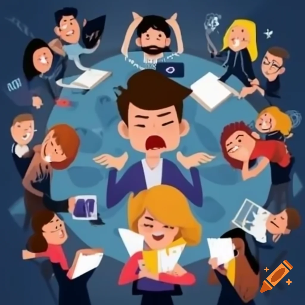 Diverse team dynamics during a project change in a large organization, highlighting mixed emotions