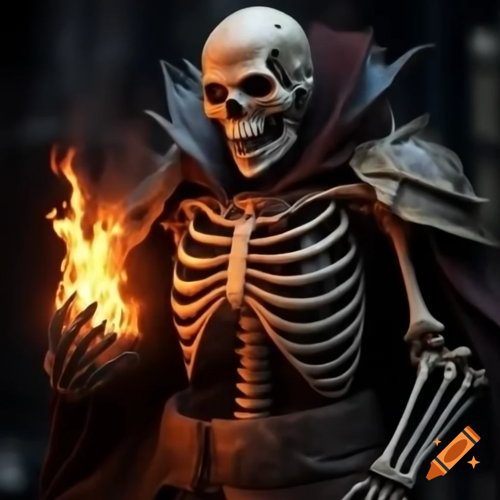 Realistic fire mage skeleton conjuring flames with intense expression