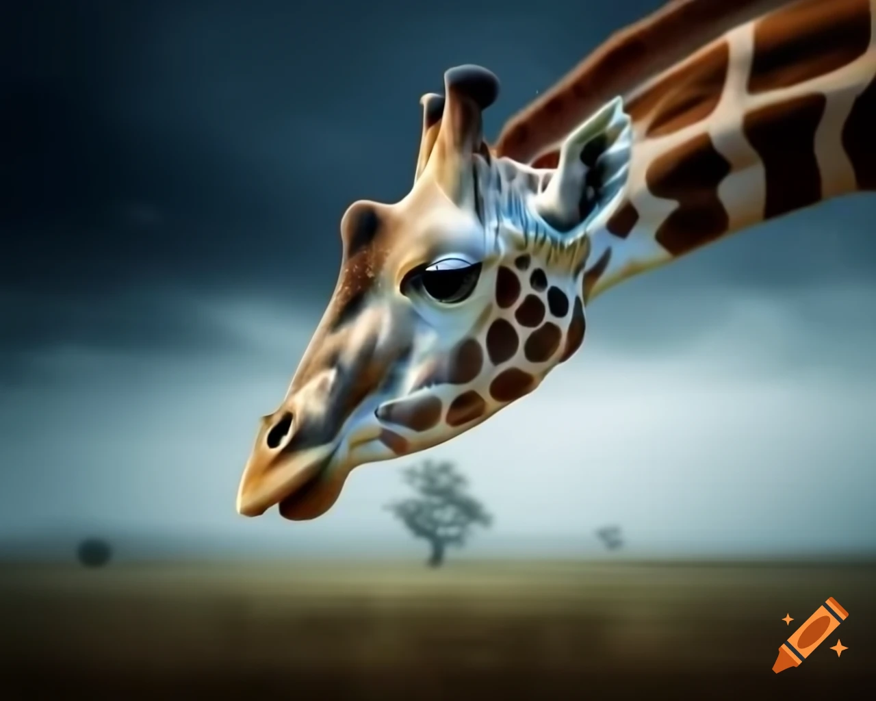 Giraffe head emerging from foggy thunderclouds in surreal high detail painting