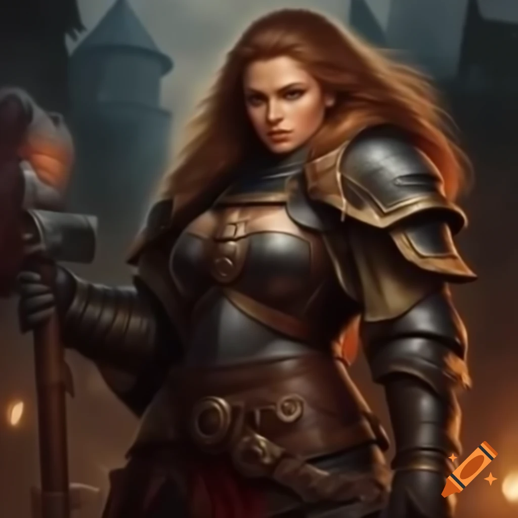 Female dwarf paladin in metal armor with warhammer and medieval city backdrop