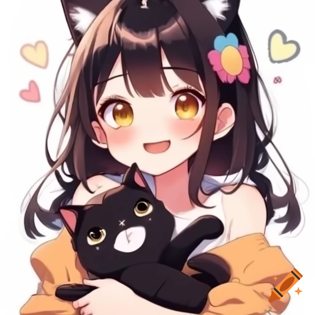Kawaii anime girl joyfully playing with a black cat