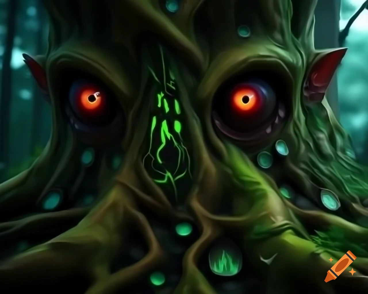 3D CGI anime artwork of a tree monster with a bark humanoid face and trees growing on its body
