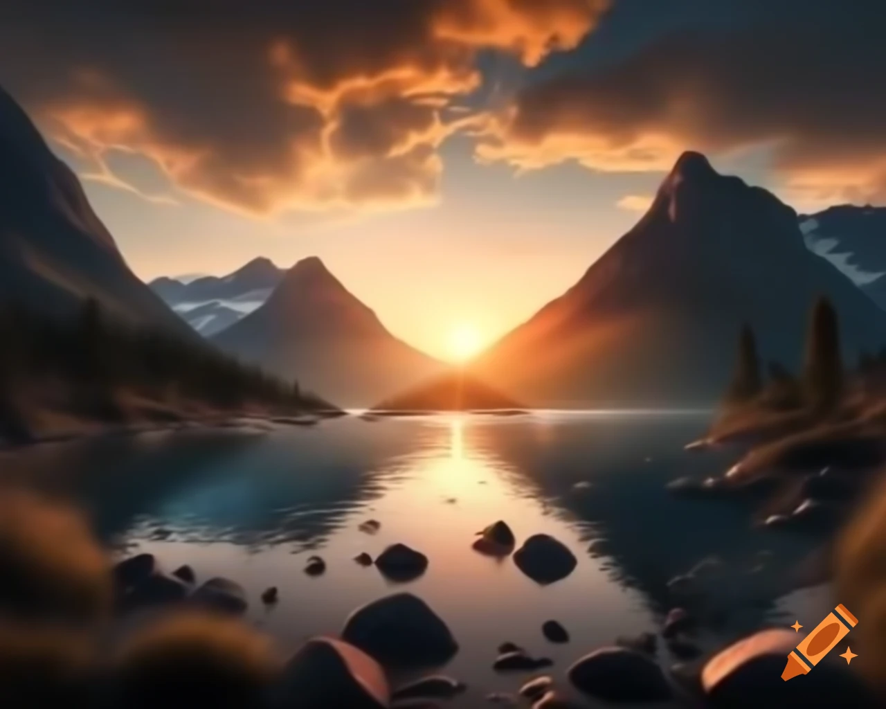 Photorealistic 3D render of mountain lake at sunset with island background