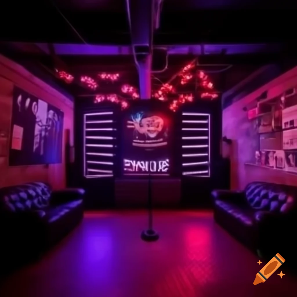 Rock-themed karaoke box with brick walls and band posters, dark energetic atmosphere