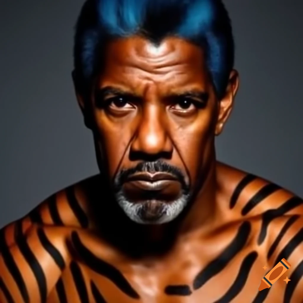 Muscular man with tiger style makeup blue hair and orange skin with