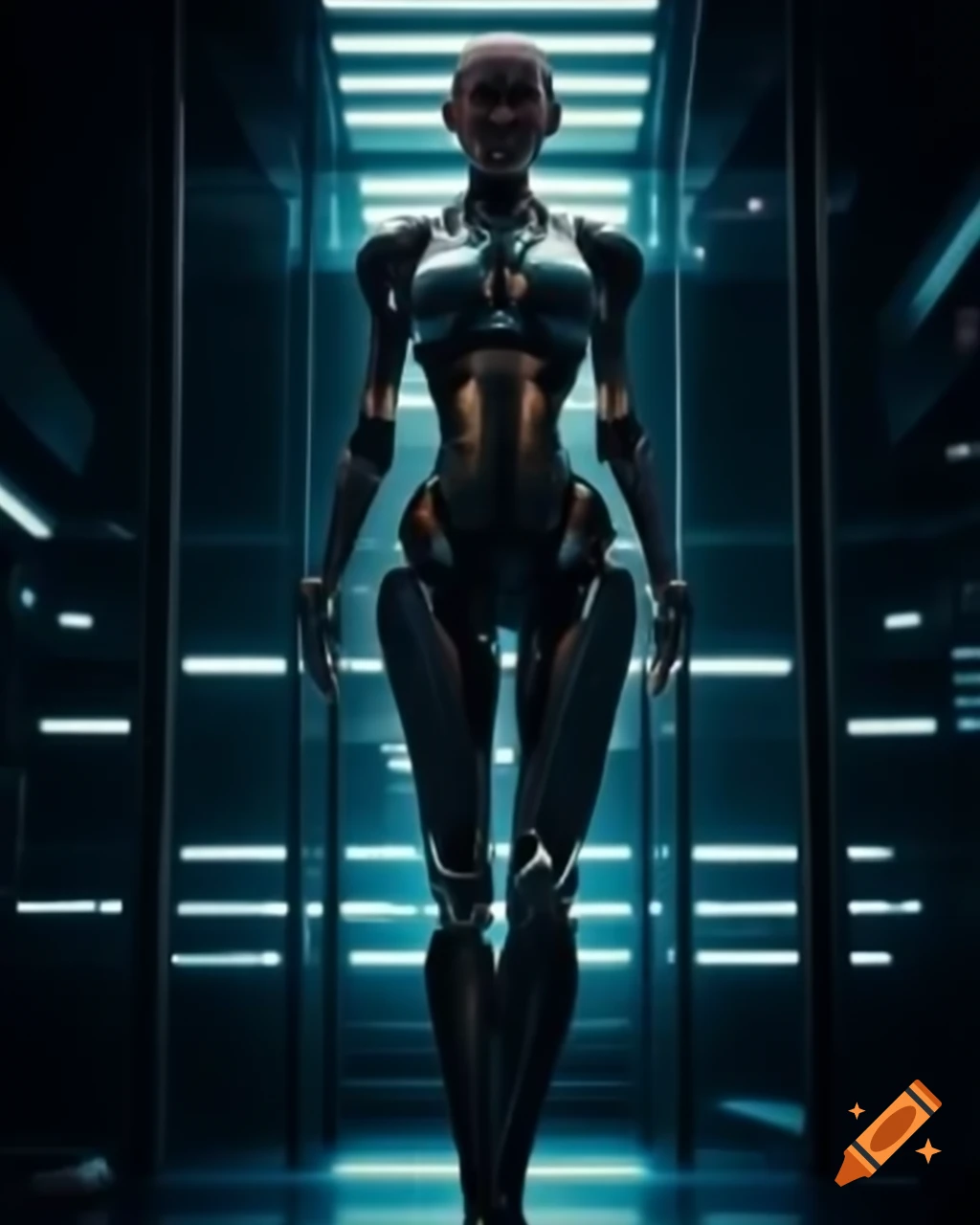 Cyborg woman under hypnotic flashing lights