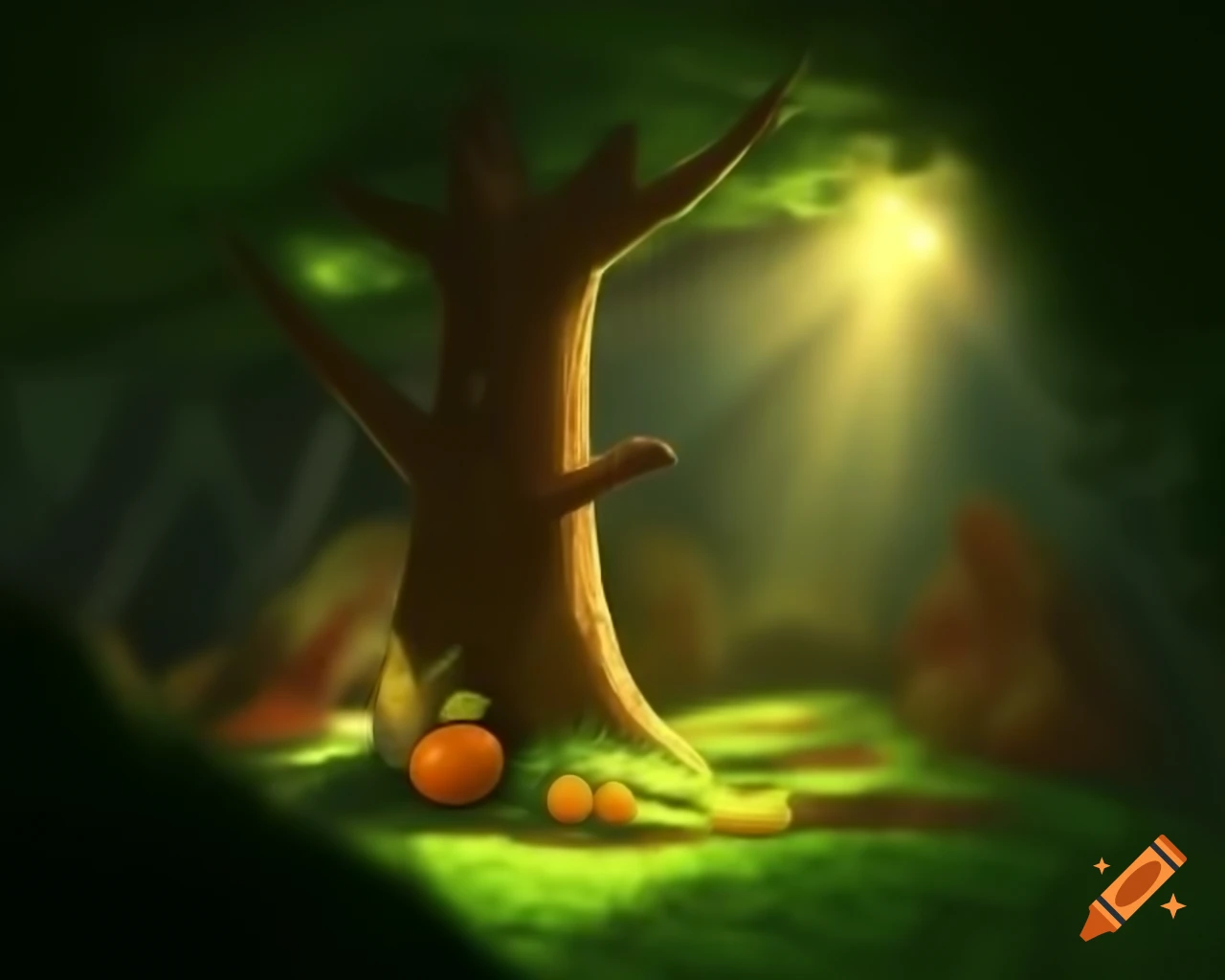 Photorealistic 3D render of a fairy in a tree forest with natural greens and warm oranges