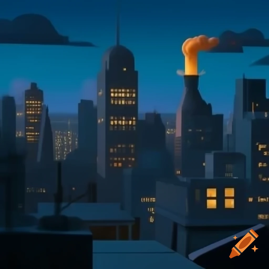 Retro city skyline at twilight in 2K resolution, cartoon style
