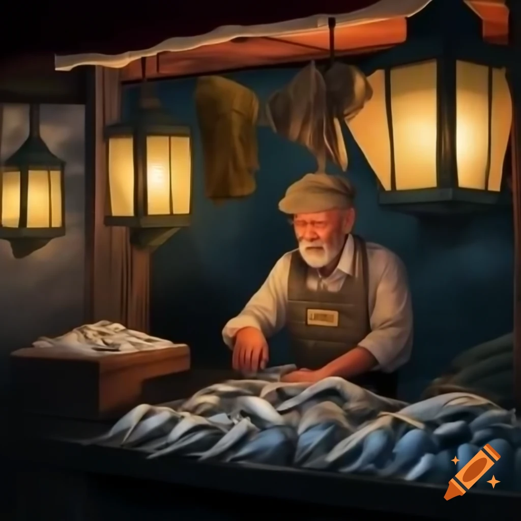 Old man selling seafood in vintage lantern-lit market at night