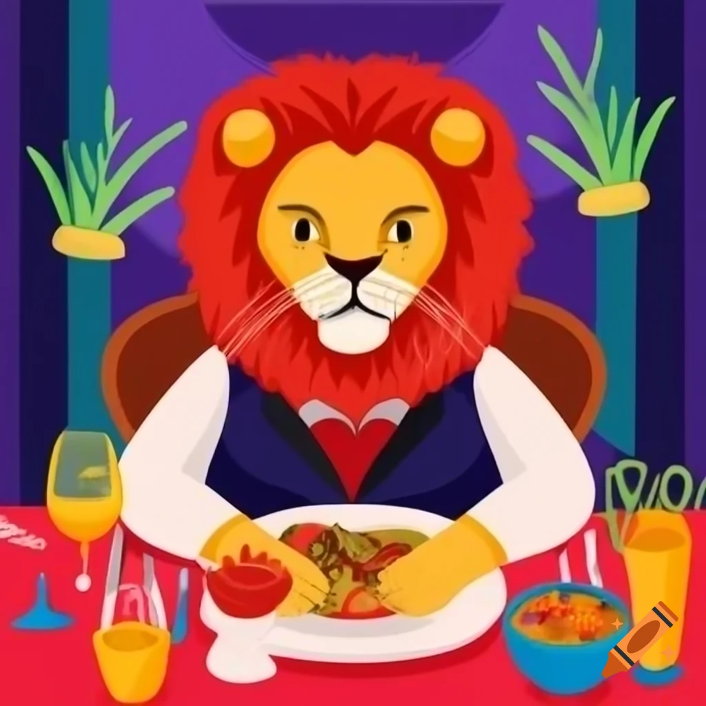Lion in elegant attire dining at a table, realistic and colorful illustration