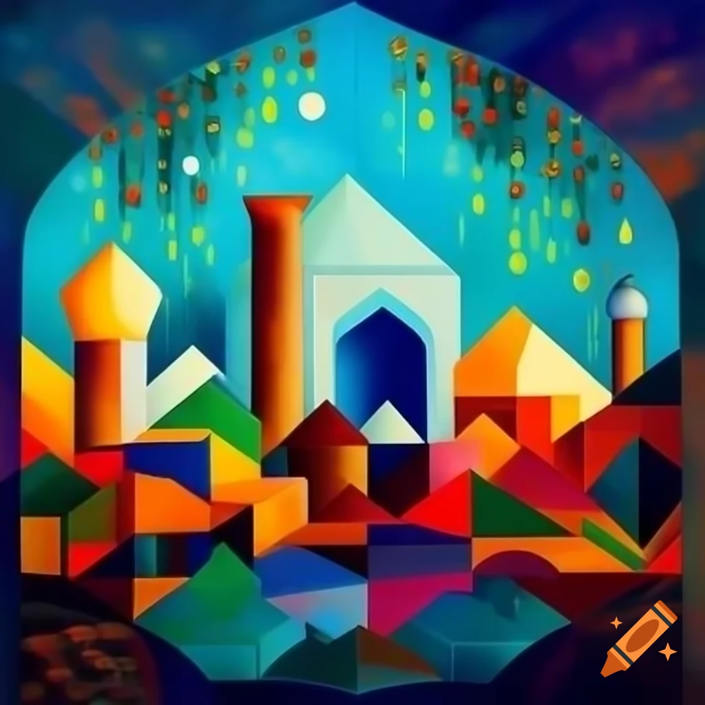 Geometric abstract oil painting of Shiraz city skyline