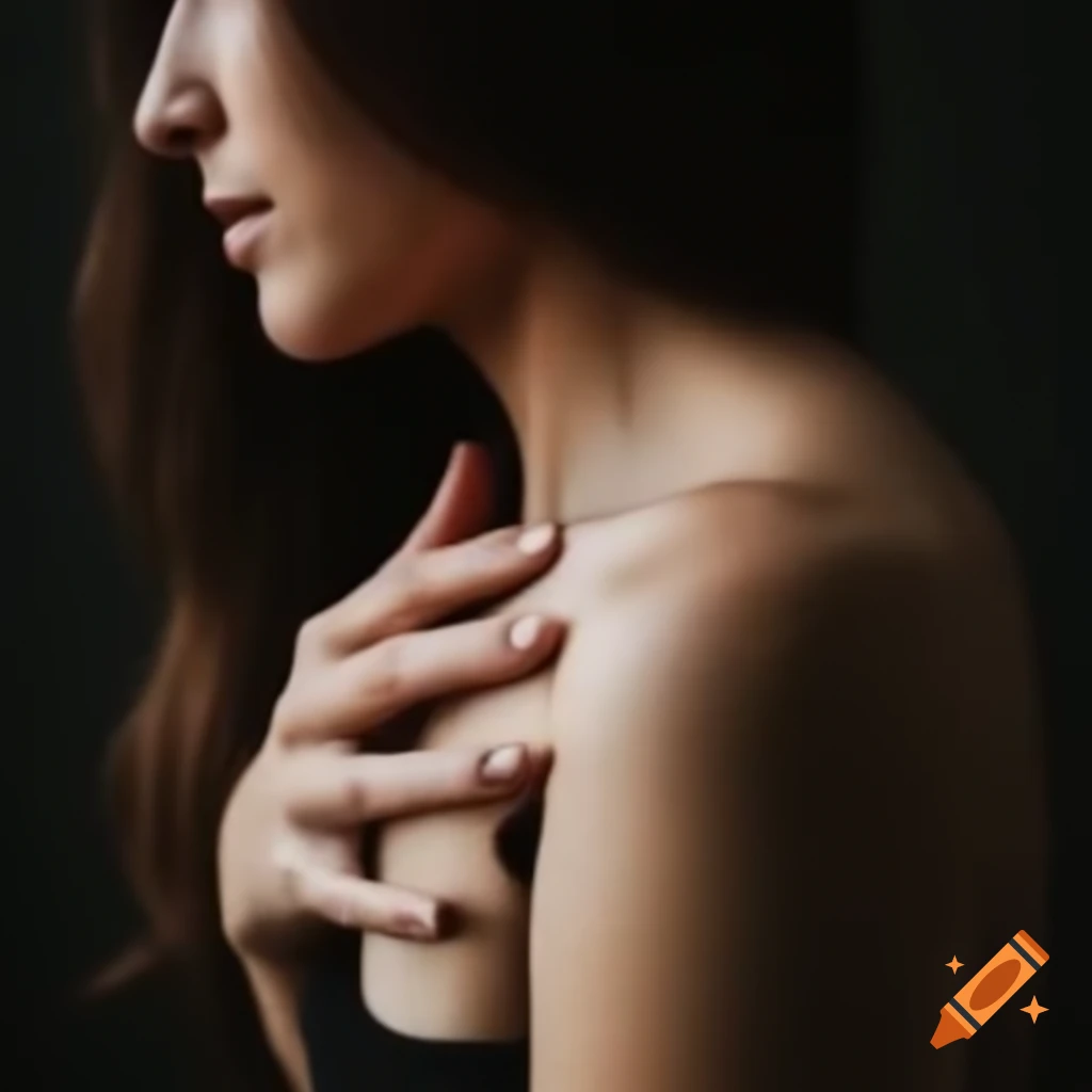 Woman in meditative pose touching chest conveying peace and self-help