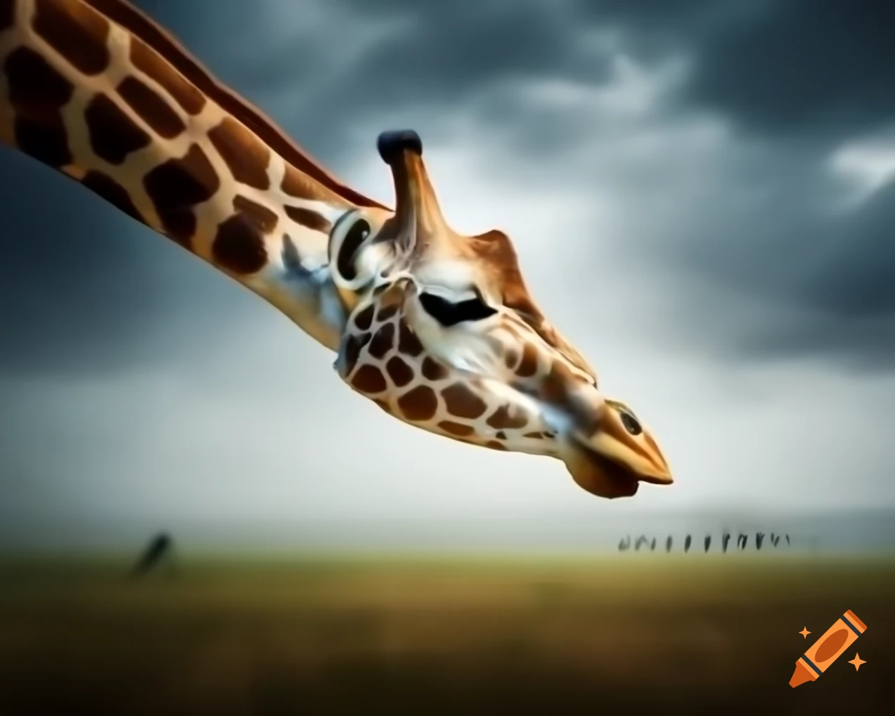 Surreal close-up of giraffe head amidst foggy thunderclouds, high detailed painting