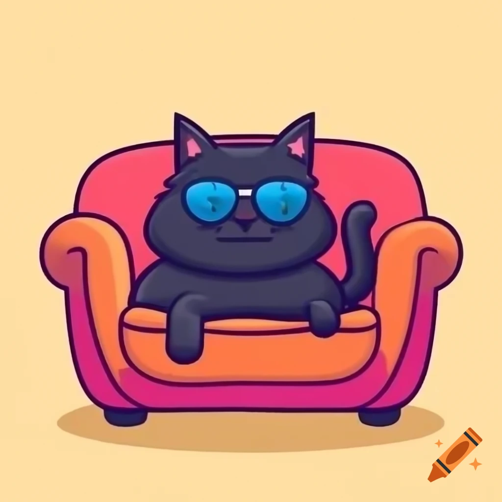 Cartoon of black cat wearing sunglasses lounging on a couch