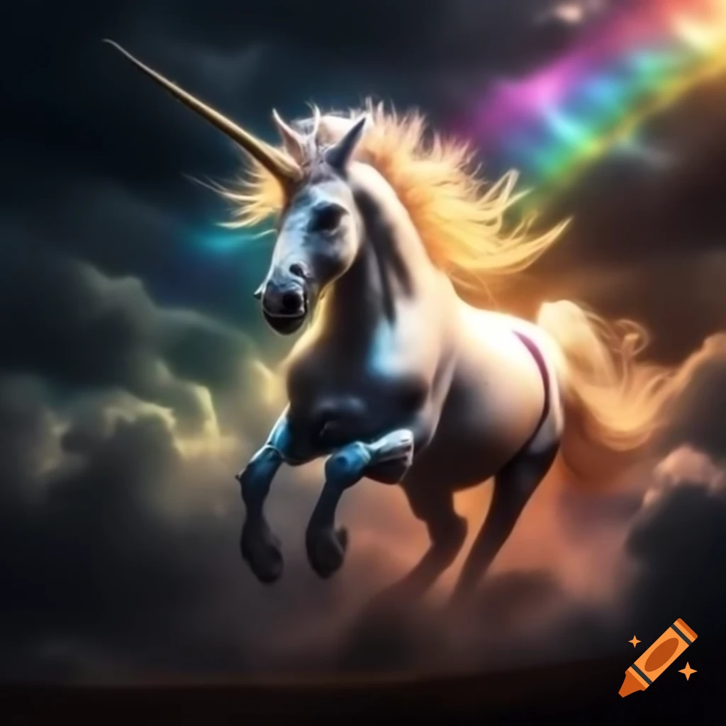 Majestic unicorn galloping towards vibrant rainbow under dramatic sky