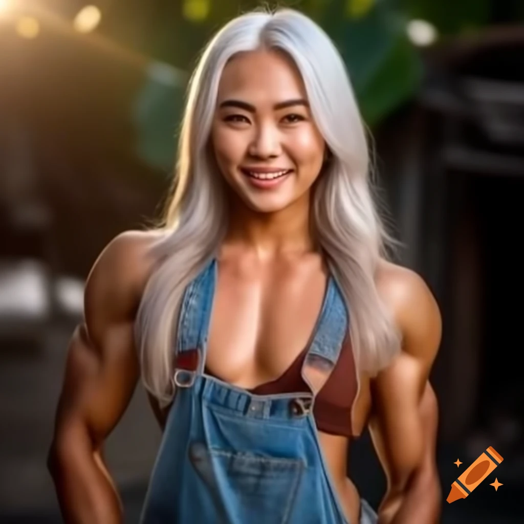 Beautiful Thai woman smiling with long white-blonde hair in realistic style