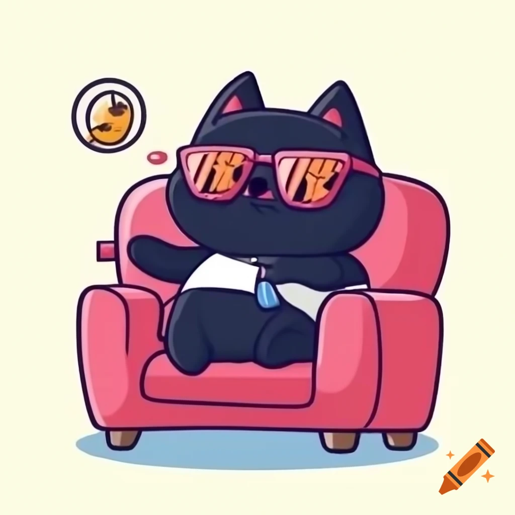 Cartoon black cat wearing sunglasses lounging on a couch