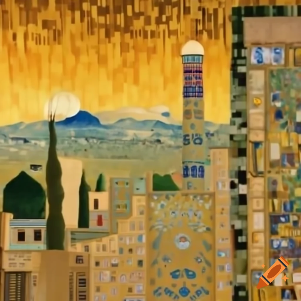 Shiraz city skyline depicted in Klimt's artistic style
