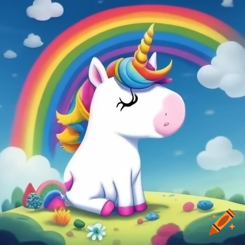 Unicorn standing in front of a vibrant rainbow