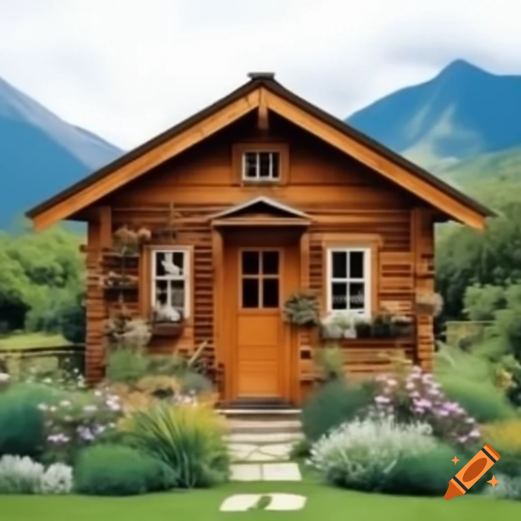 Rustic wooden house with arched door in flower garden and mountains