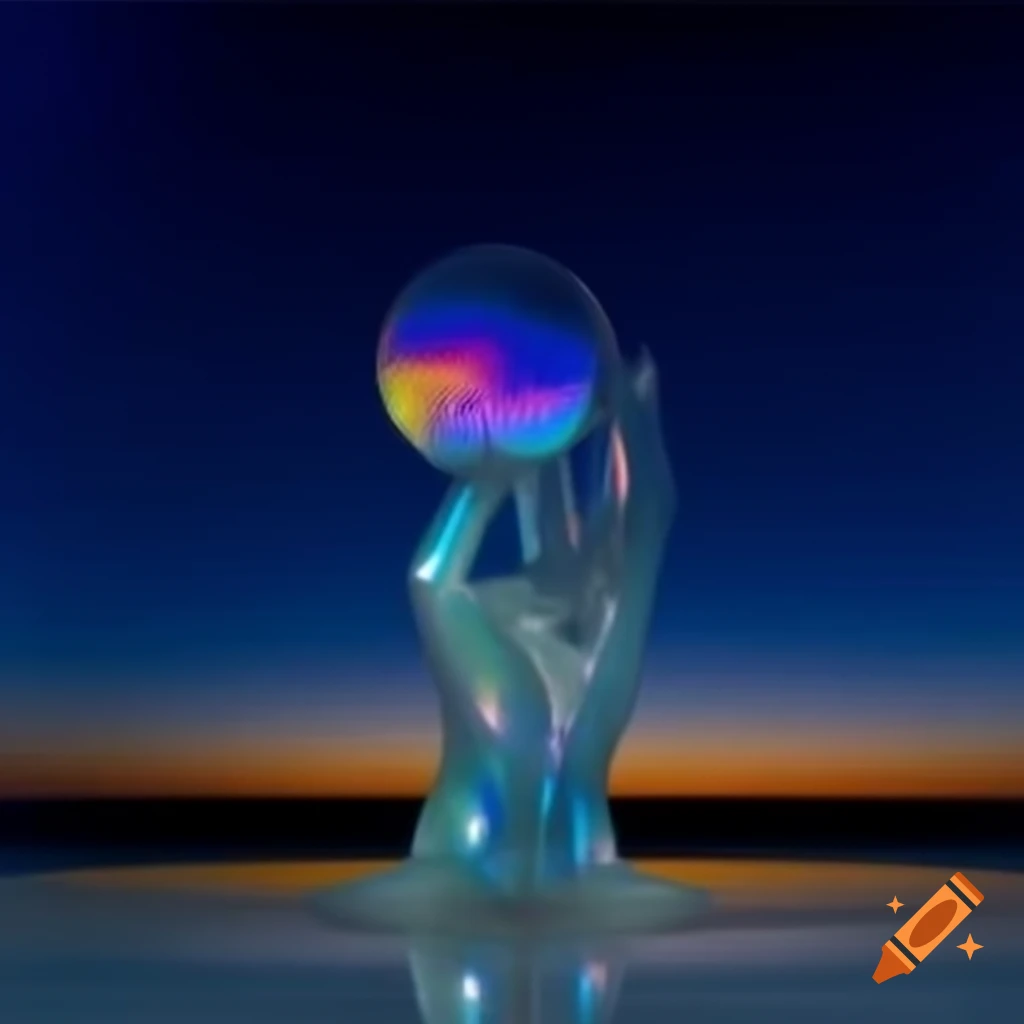 Pop surreal 2000's photography featuring iridescent glass statue against a bright night sky