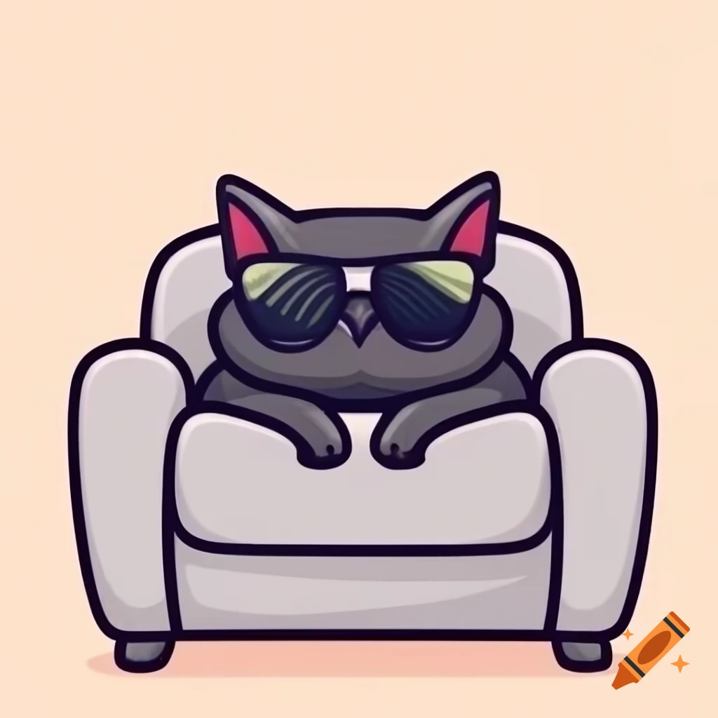 Cartoon black cat wearing sunglasses lounging on a couch