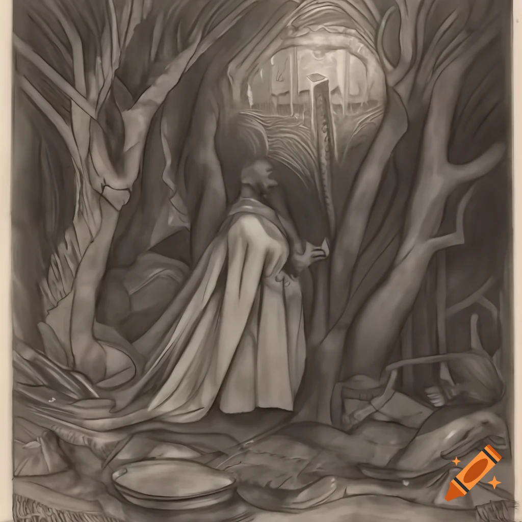 Detailed sketch of 11th century wanderer in dark forest landscape, inspired by Gustave Dore