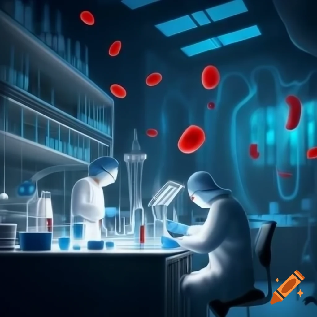 Researchers in futuristic pathology laboratory with test tubes and DNA models