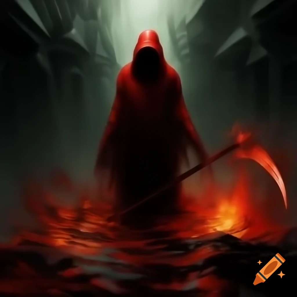 Silhouette holding fiery scythe amidst crimson embers