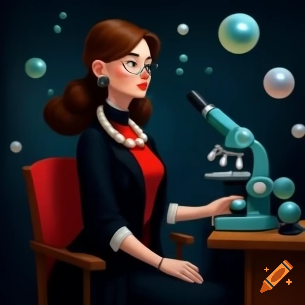 Woman pathologist in laboratory coat and elegant dress beside microscope