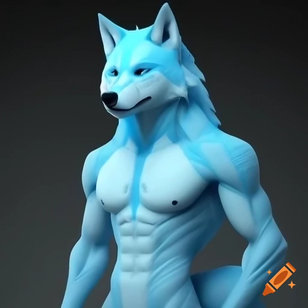 3D geometric pale blue ice-themed anthro wolf with fuzzy texture