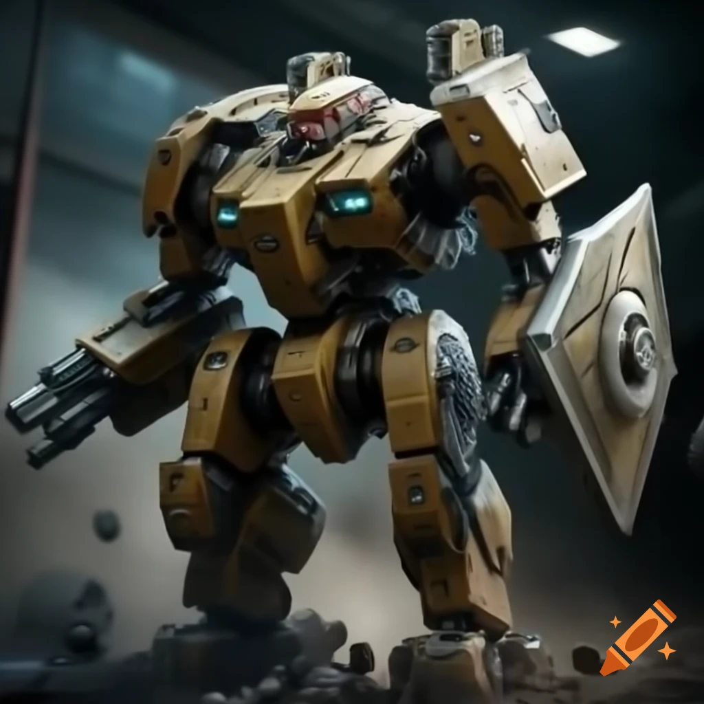 Mech utilizing detailed energy shield in battle