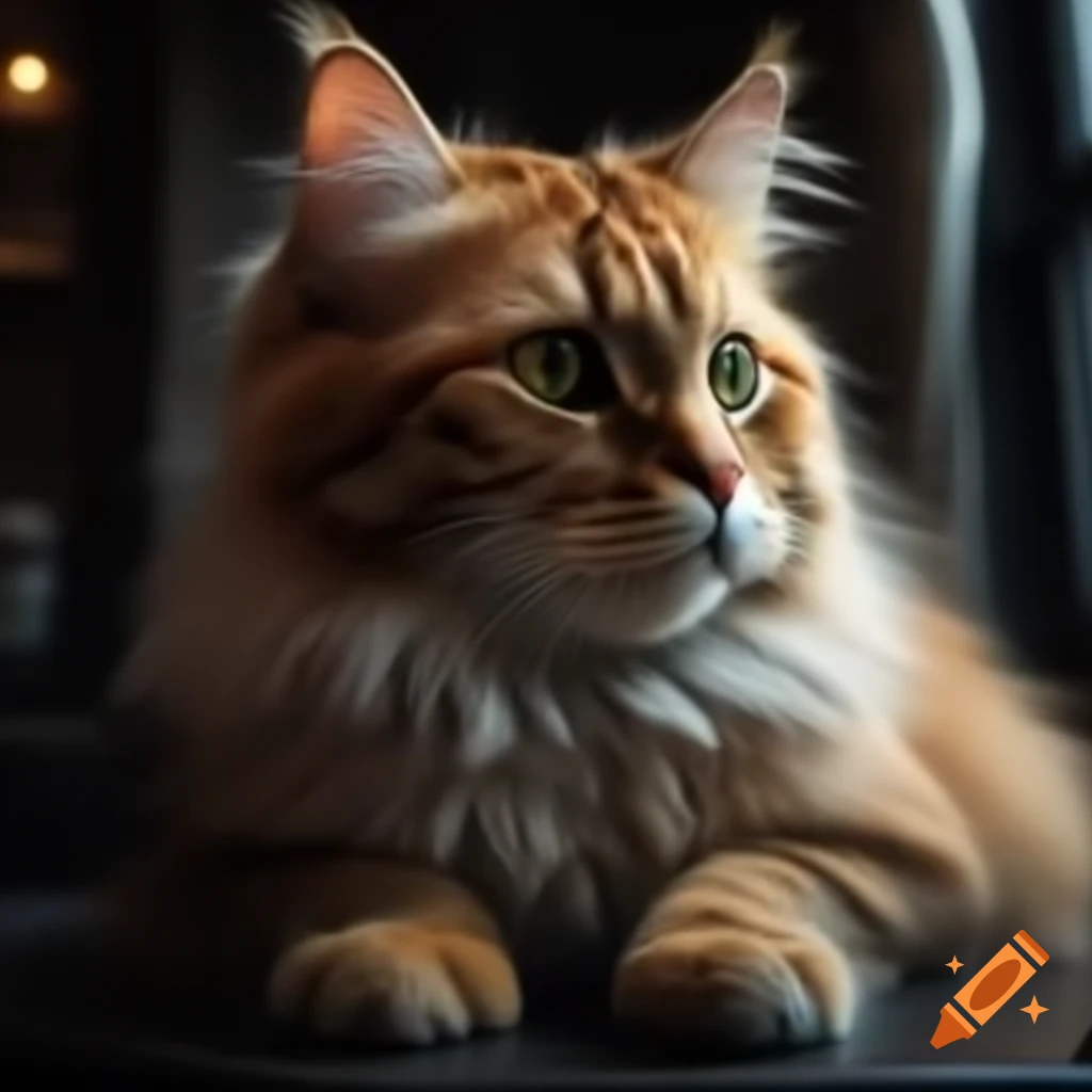Highly realistic and adorable cat with fluffy coat and glowing laser eyes